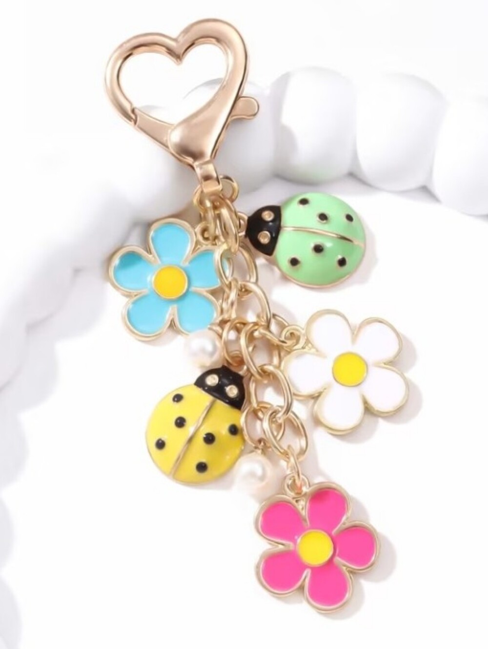 Gold Heart Clip-On Bag Charm with Colorful Enamel Ladybugs and Flowers